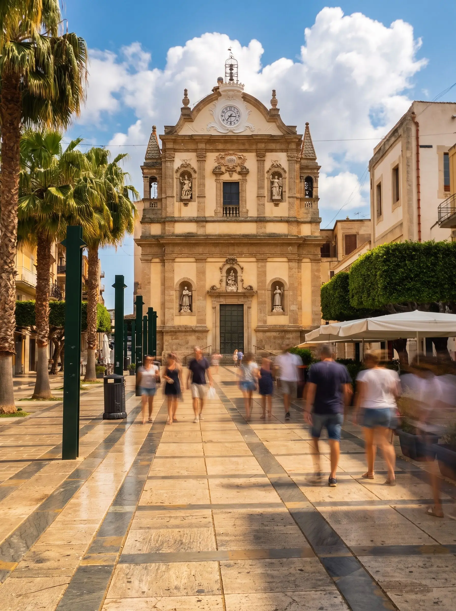 La piazza della chiesa madre di Alcamo al tramonto, con la gente che passa