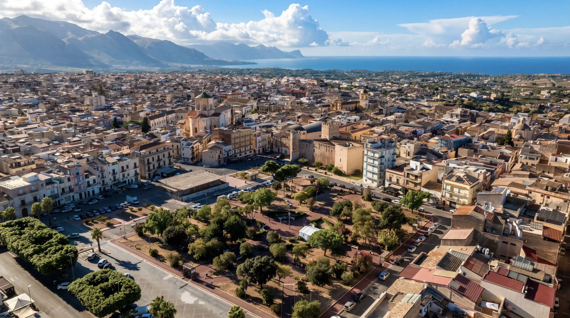 Alcamo vista dall’alto, i tetti del centro e il golfo di Castellammare sullo sfondo