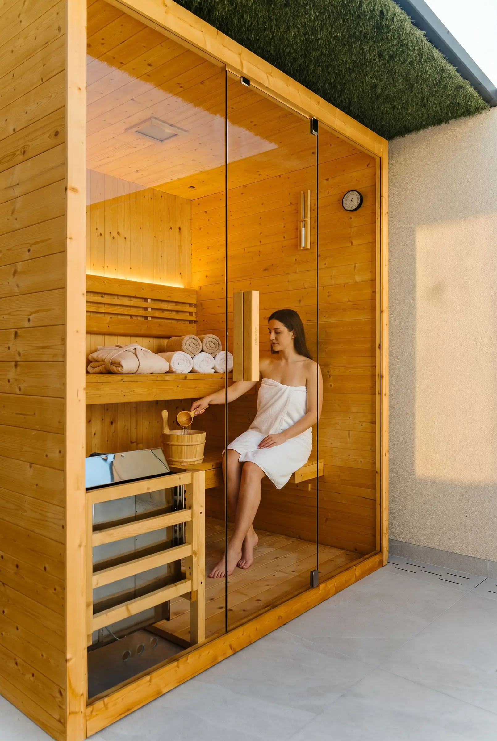 La sauna finlandese sulla terrazza, dietro la parete di vetro